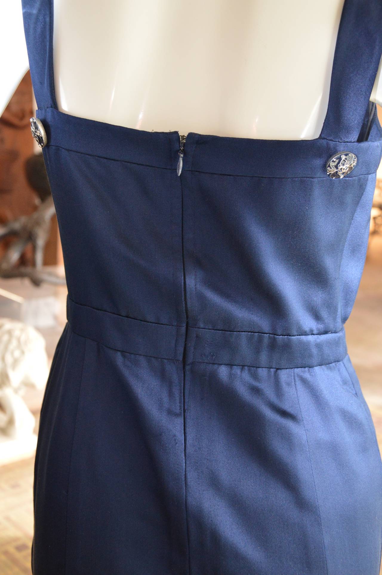 Late 1980s Chanel Navy Blue Pleated Silk Satin Dress For Sale 1