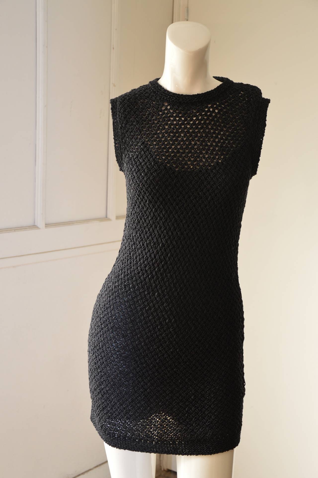 Women's 1990s Chanel Little Black Crochet Knit Dress For Sale