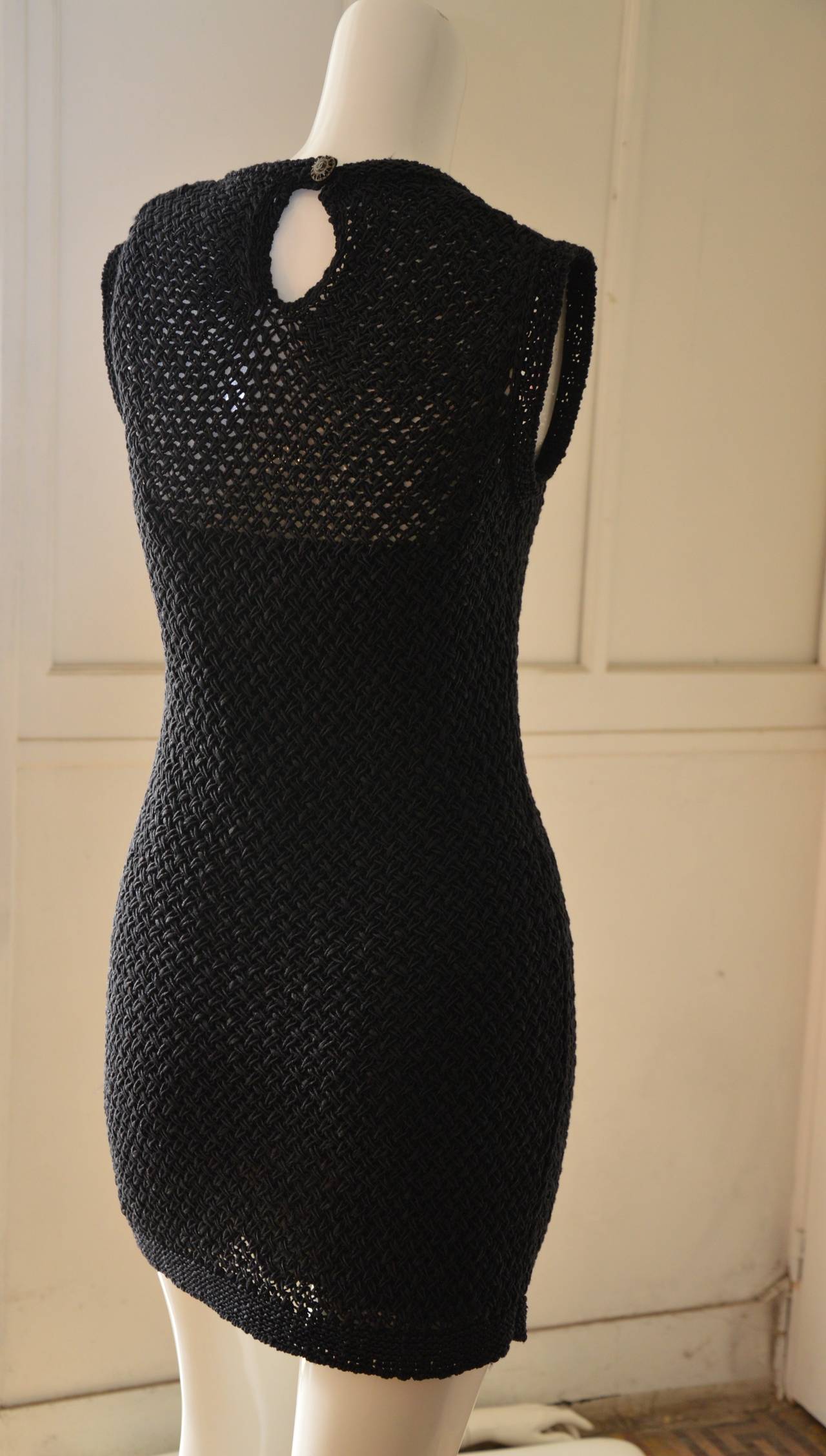 1990s Chanel Little Black Crochet Knit Dress For Sale 2
