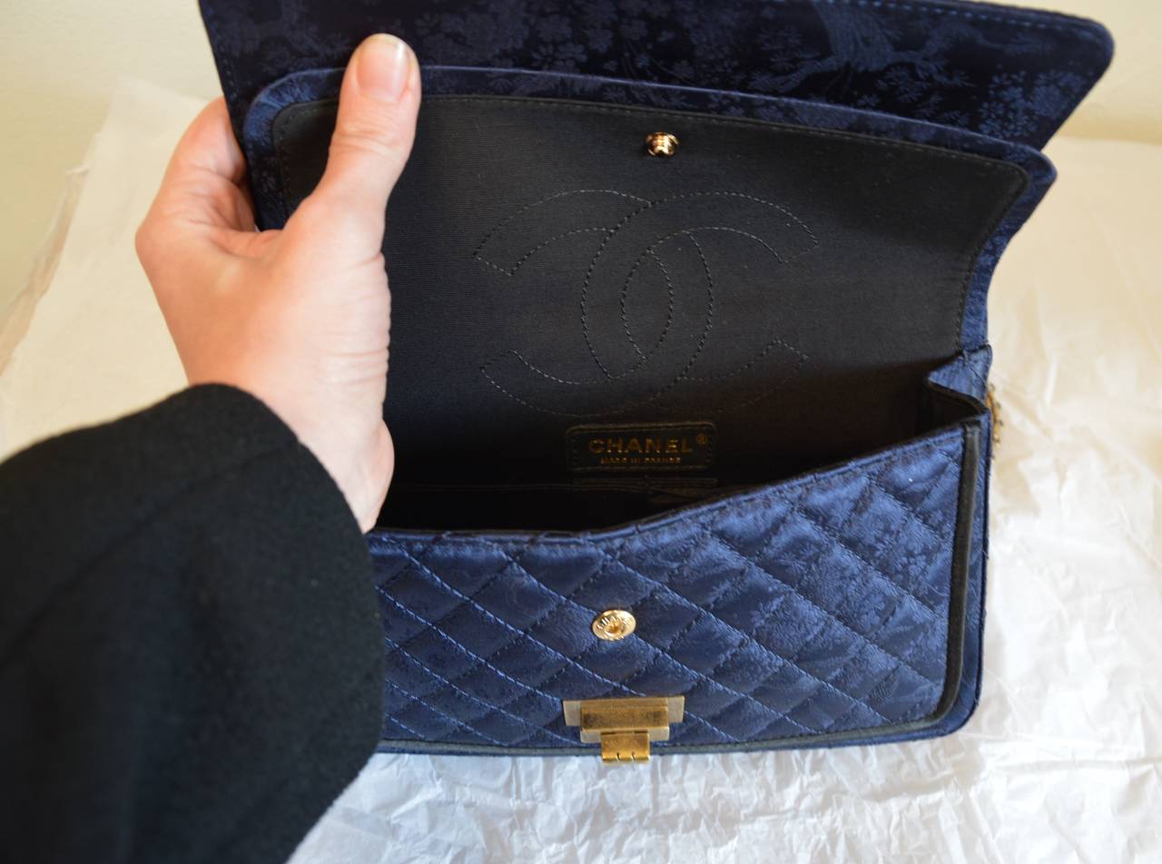 Chanel Paris-Pekin Collection Printed Night Blue Silk Satin Bag For Sale 2