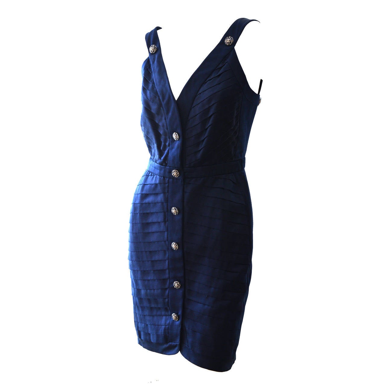 Late 1980s Chanel Navy Blue Pleated Silk Satin Dress For Sale