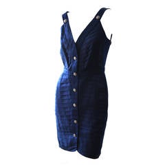 Late 1980s Chanel Navy Blue Pleated Silk Satin Dress