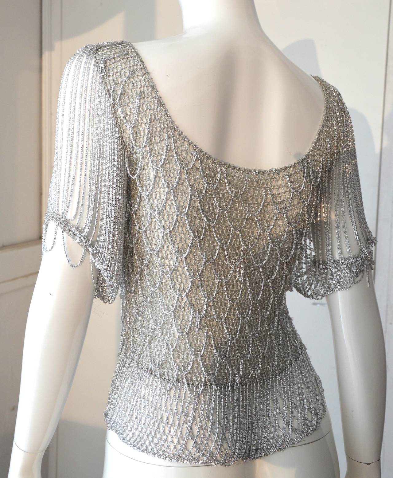 1970s Loris Azzaro Sophisticated Silver Lurex Crochet Top For Sale 1