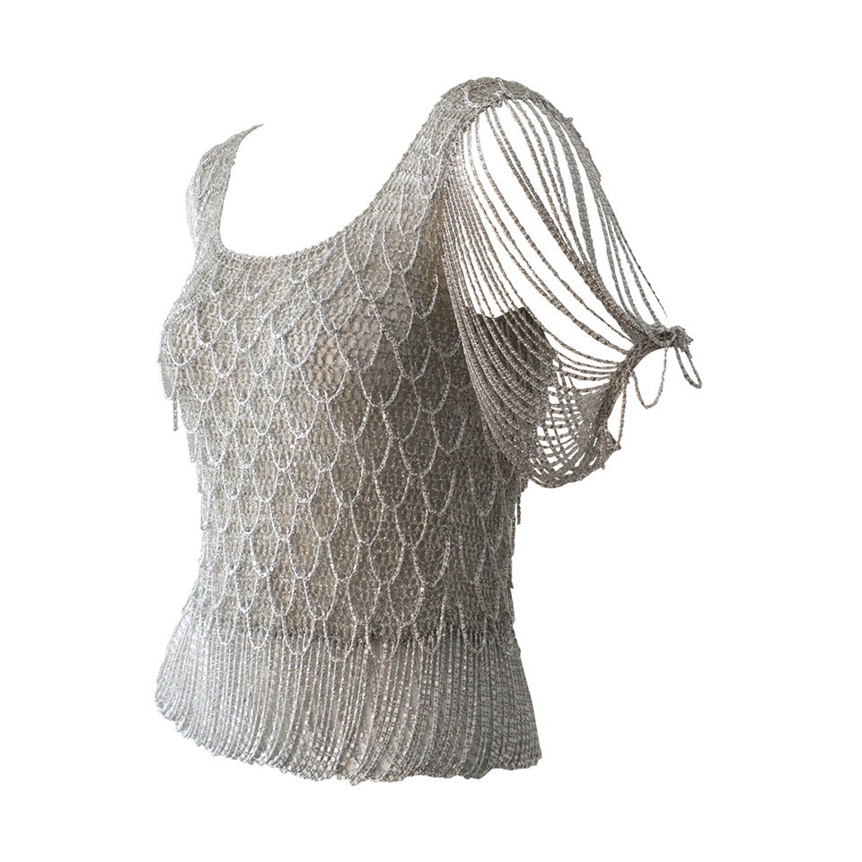 1970s Loris Azzaro Sophisticated Silver Lurex Crochet Top For Sale