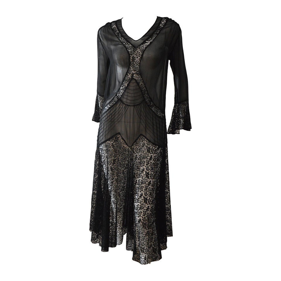 Black silk chiffon 1930s dress with fagotted panels, bias cut black lace and black damask
Chiffon and lace dress average bust size 97-102cm, 38-40in