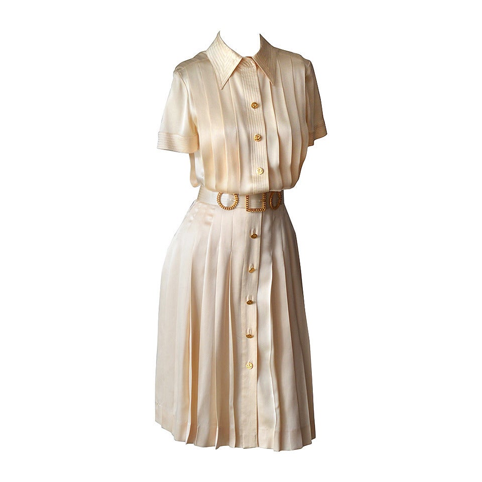 1980s Chanel Off White Flat Pleated Silk Belted Dress For Sale