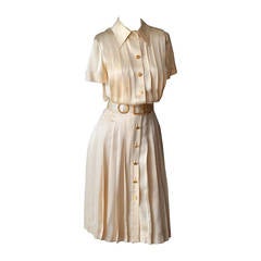 1980s Chanel Off White Flat Pleated Silk Belted Dress