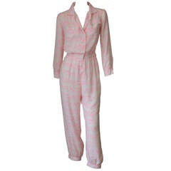 1970s Courreges Silk Jumpsuit Light Pink and Off White Delicate Abstract Motifs