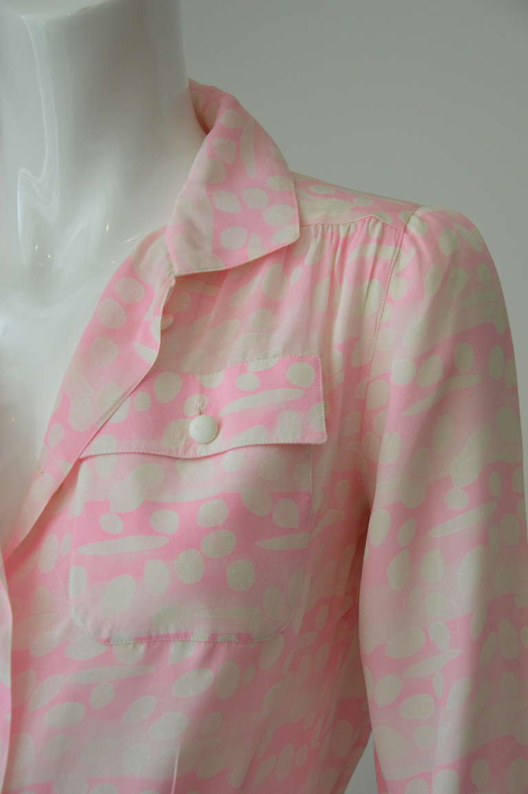 Women's 1970s Courreges Silk Jumpsuit Light Pink and Off White Delicate Abstract Motifs