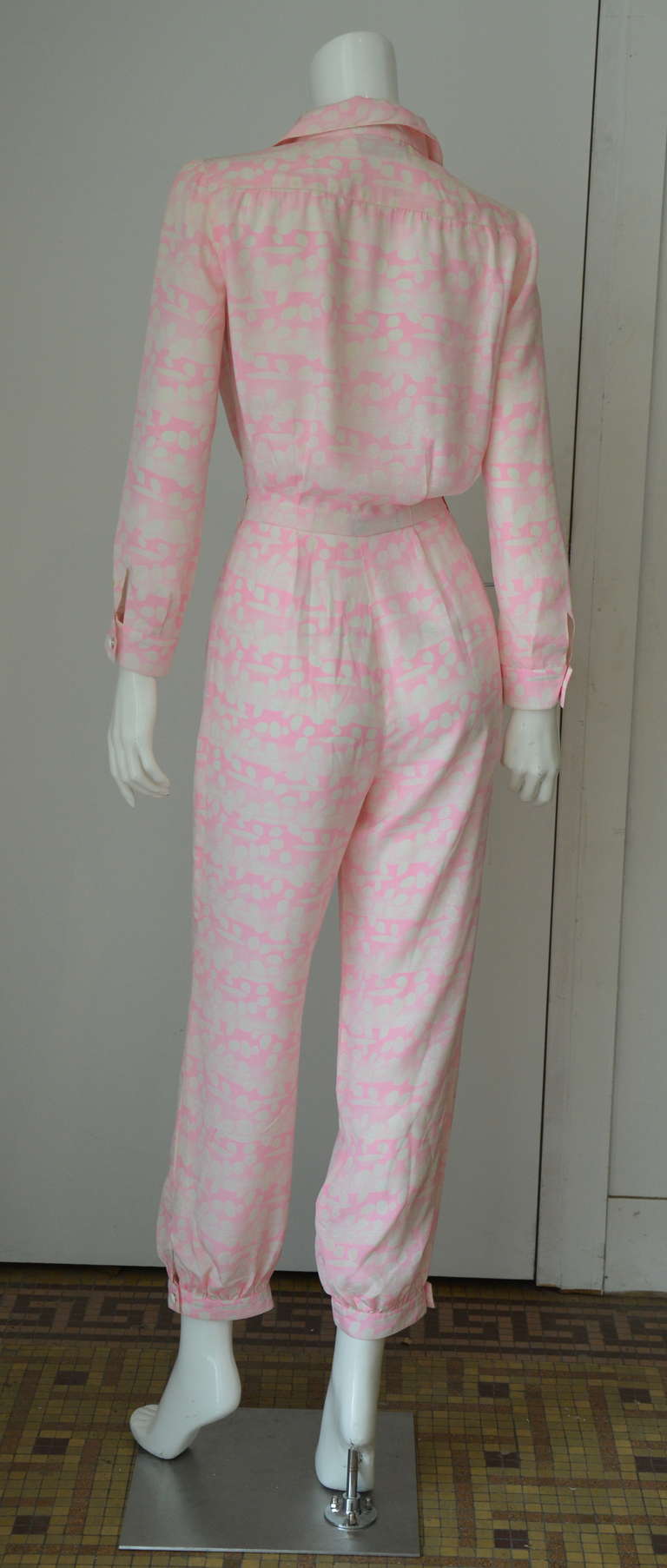 1970s Courreges Silk Jumpsuit Light Pink and Off White Delicate Abstract Motifs