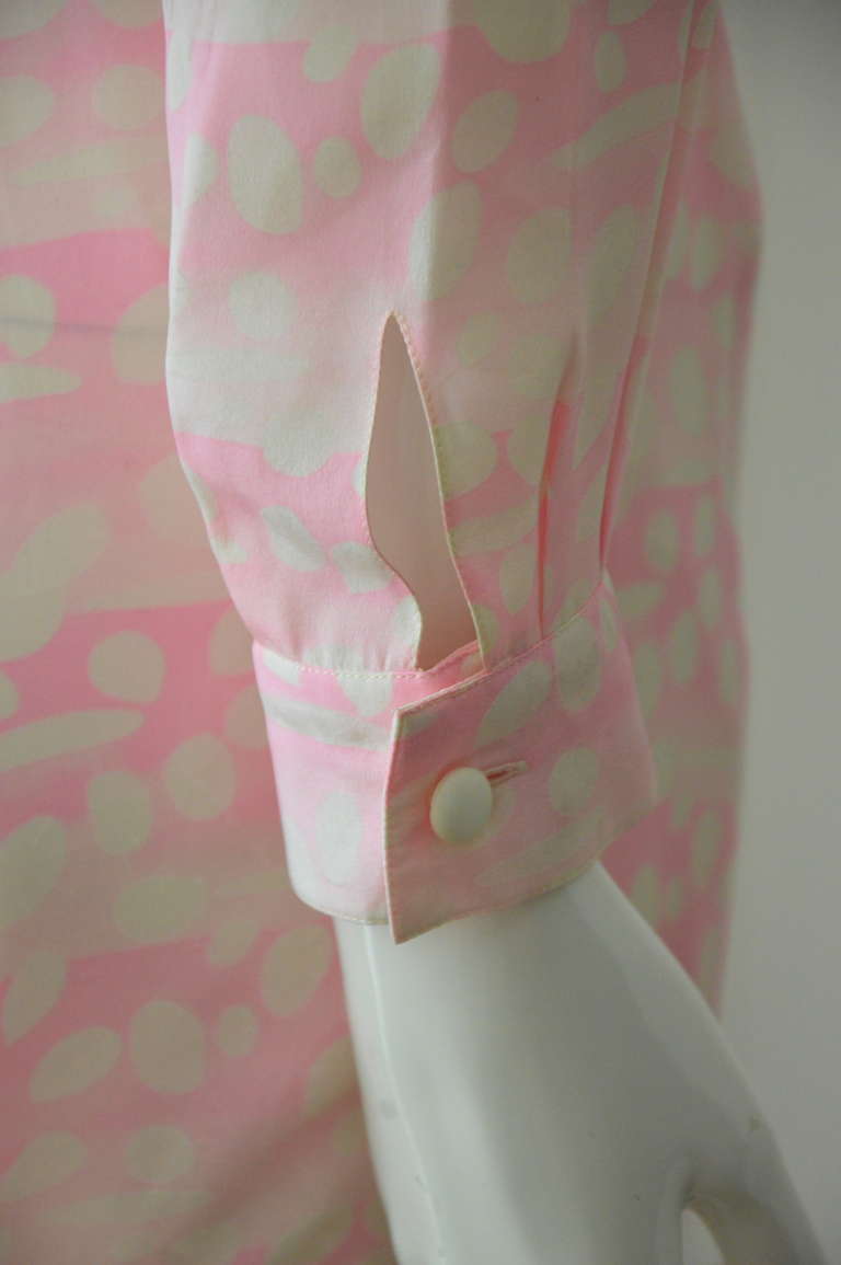 1970s Courreges Silk Jumpsuit Light Pink and Off White Delicate Abstract Motifs 1