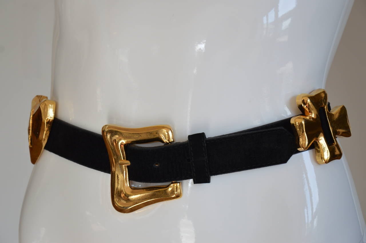 1990s Christian Lacroix Star, Heart, Cross Black Leather Velvet Belt In Excellent Condition In Paris, IDF