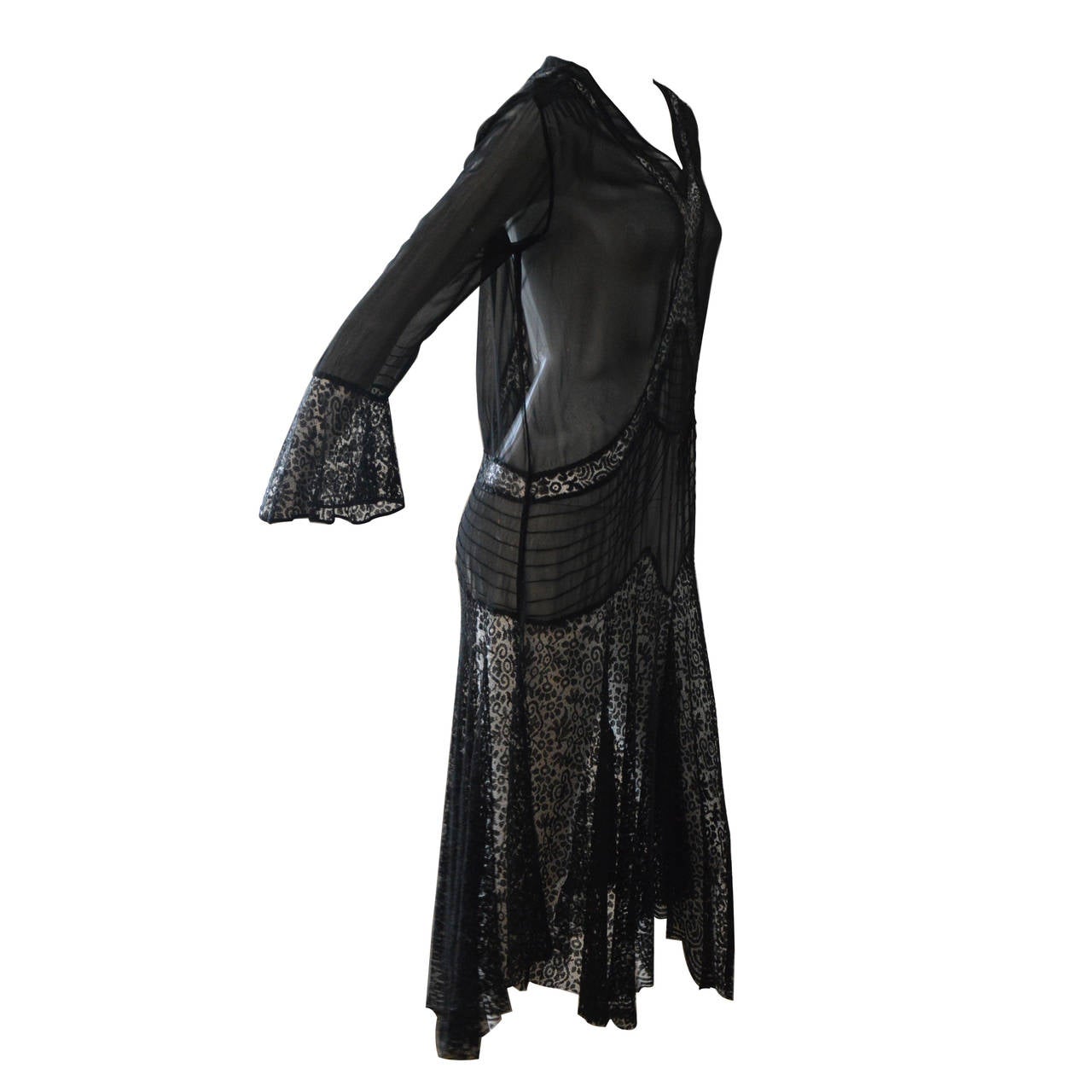 1930s Rare Black Bias Cut Lace Evening Gown