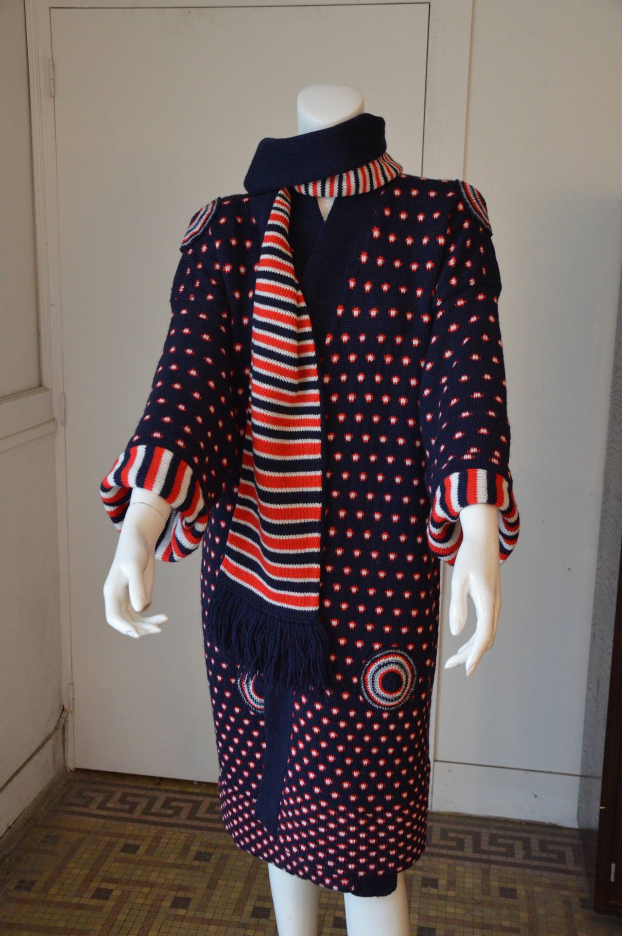 1970s Mildred Boulton Red White and Blue Knitted Maxi Coat 3