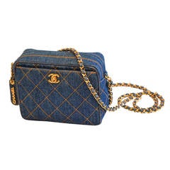 1990s Chanel Very rare Vintage Shoulder Bag in Blue Quilted Denim