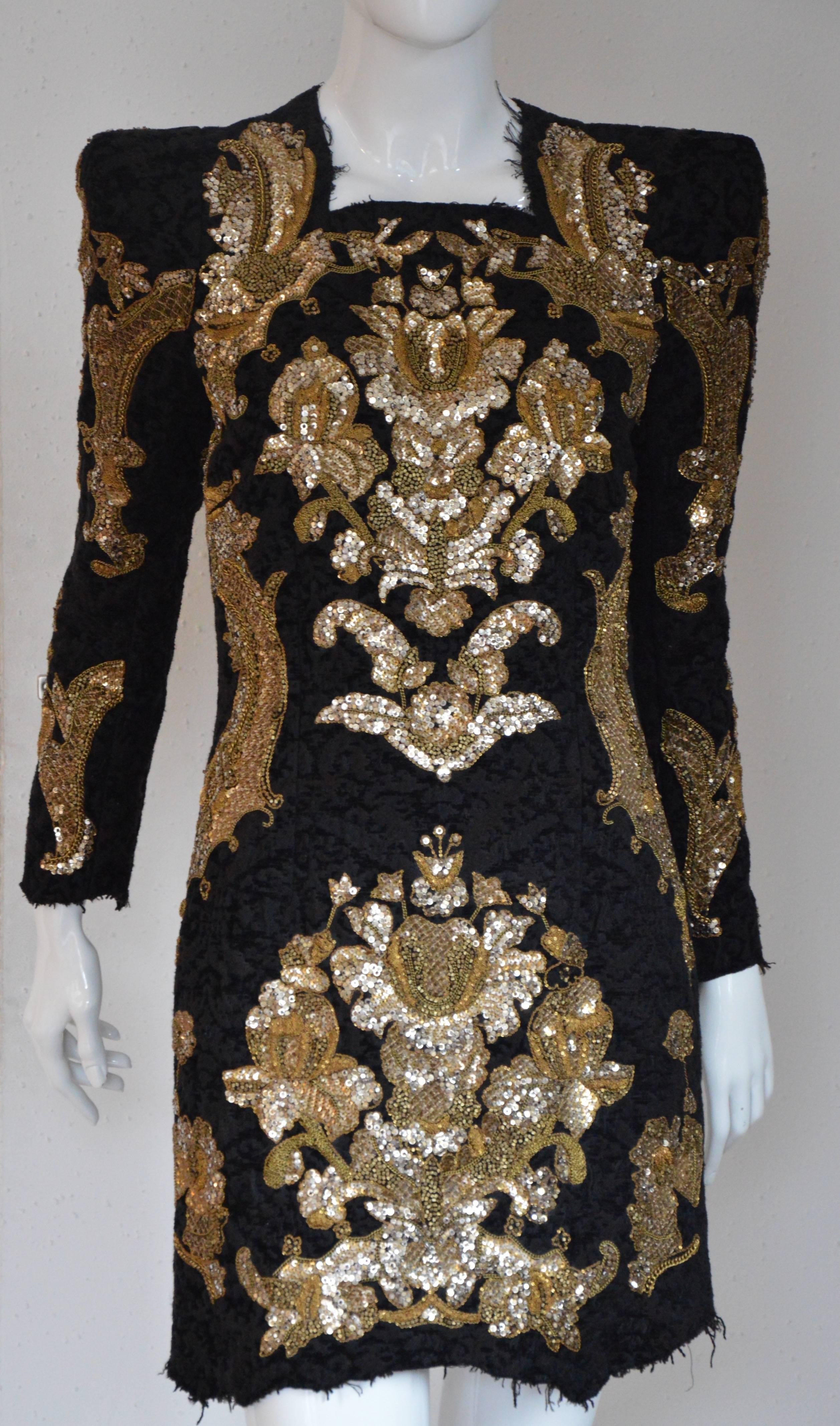 Fall/Winter 2010/2011 Balmain Collection impressive cocktail dress with delicate golden chains, studded embellished flower print throughout. It’s condition is excellent , no damaged, no miss, the color is still deep black cotton velvet jacquard with
