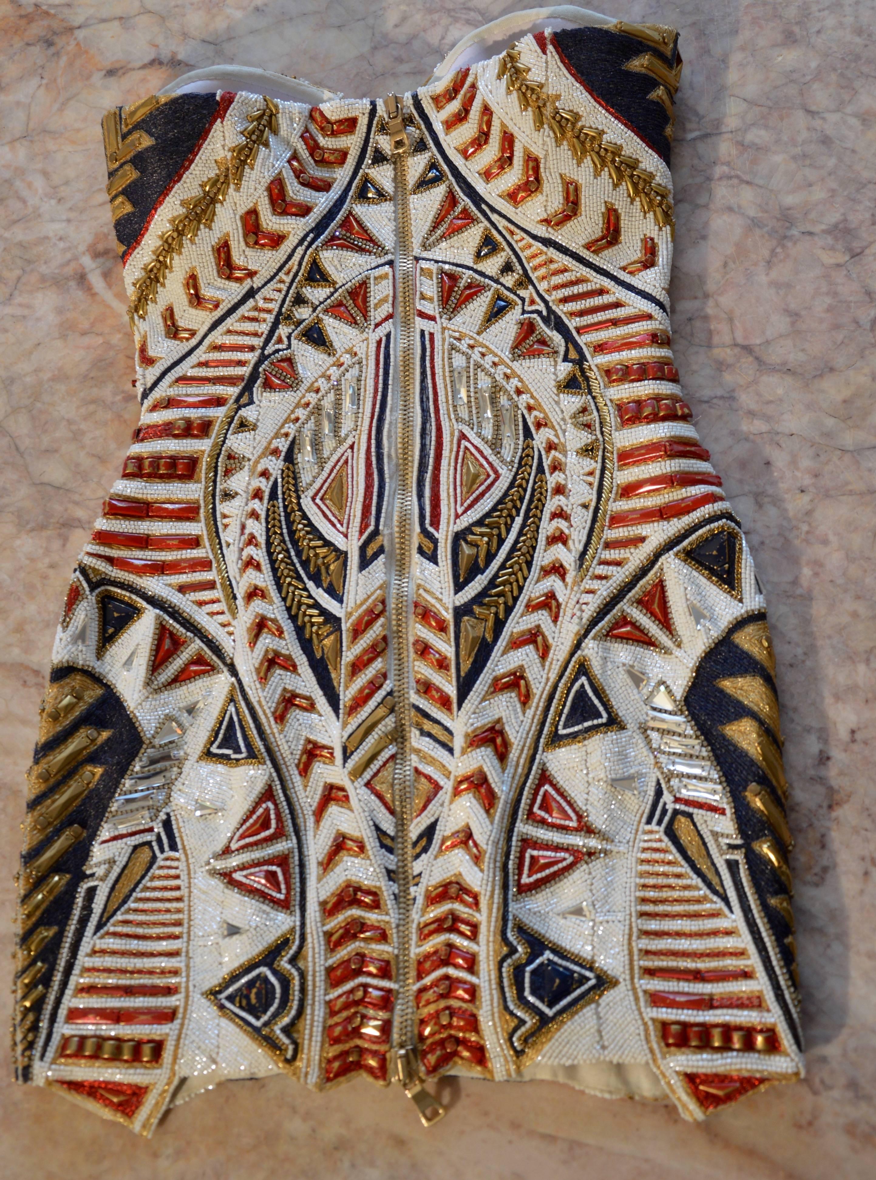 Brown Unique Balmain Olivier Rousteing Body-Molding Mexican-style Embroidered Dress