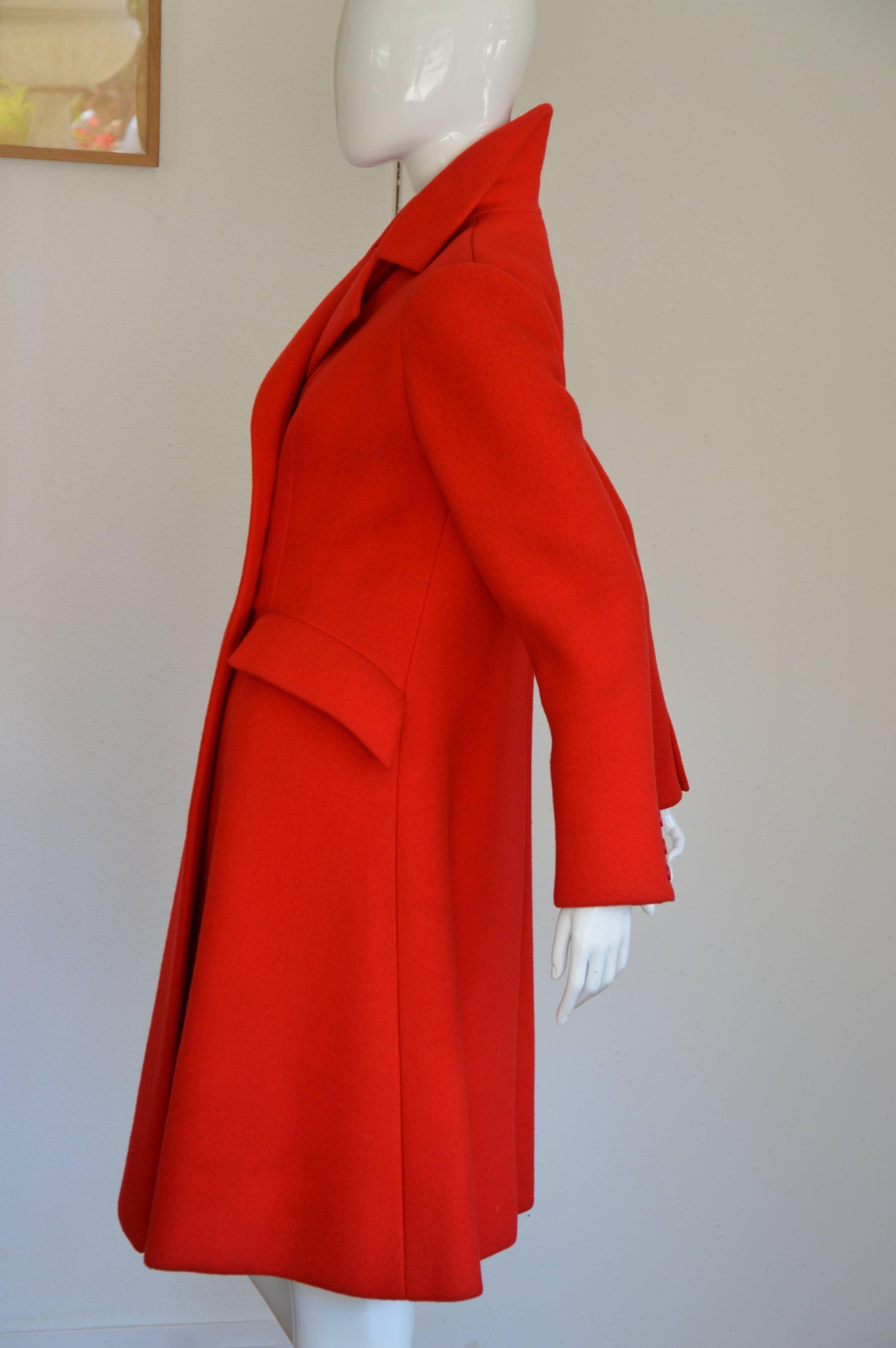 Rare Early 1970s Christian Dior Couture Hot Red Wool Coat In Excellent Condition In Paris, IDF