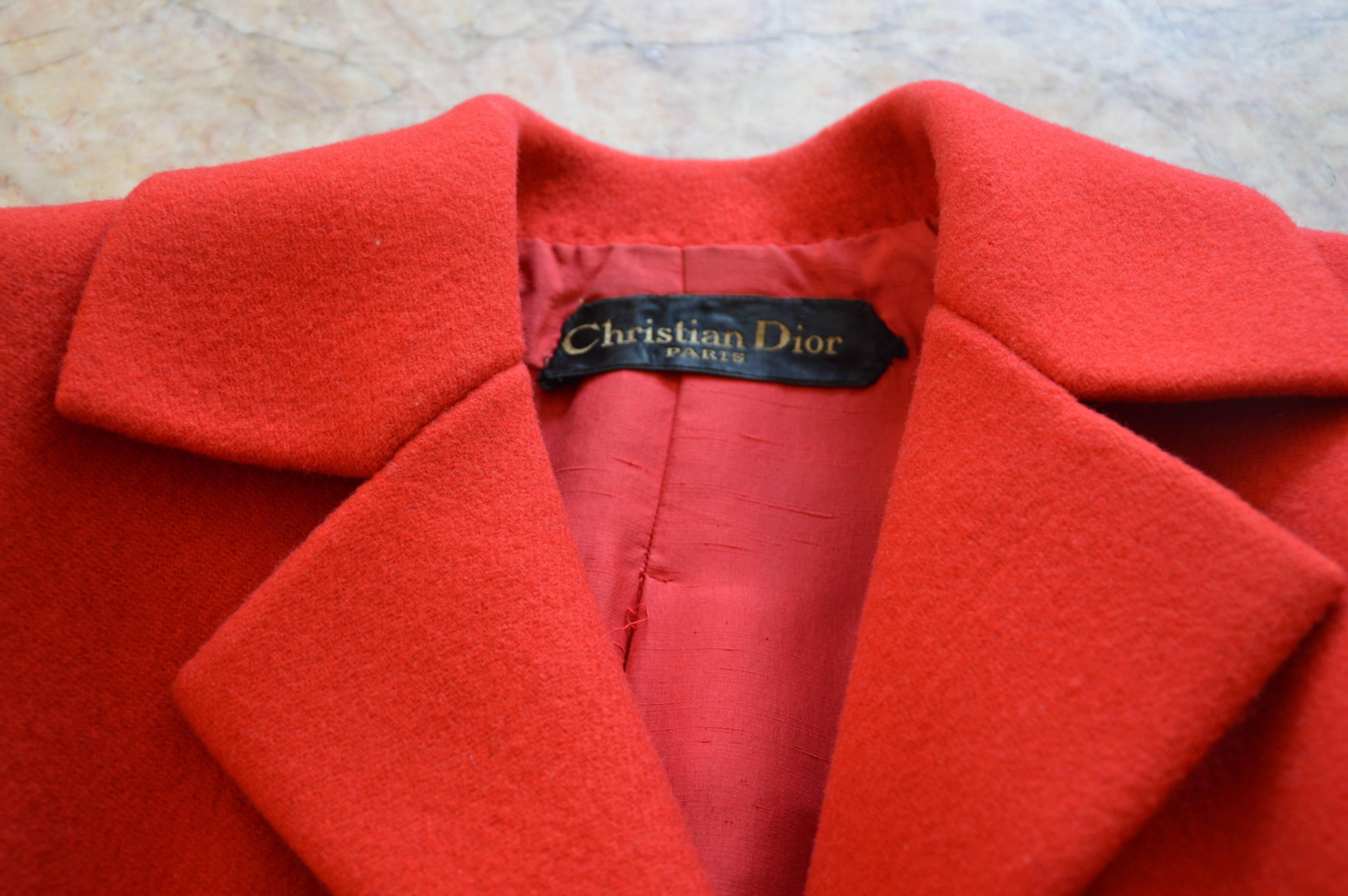 Rare Early 1970s Christian Dior Couture Hot Red Wool Coat 1