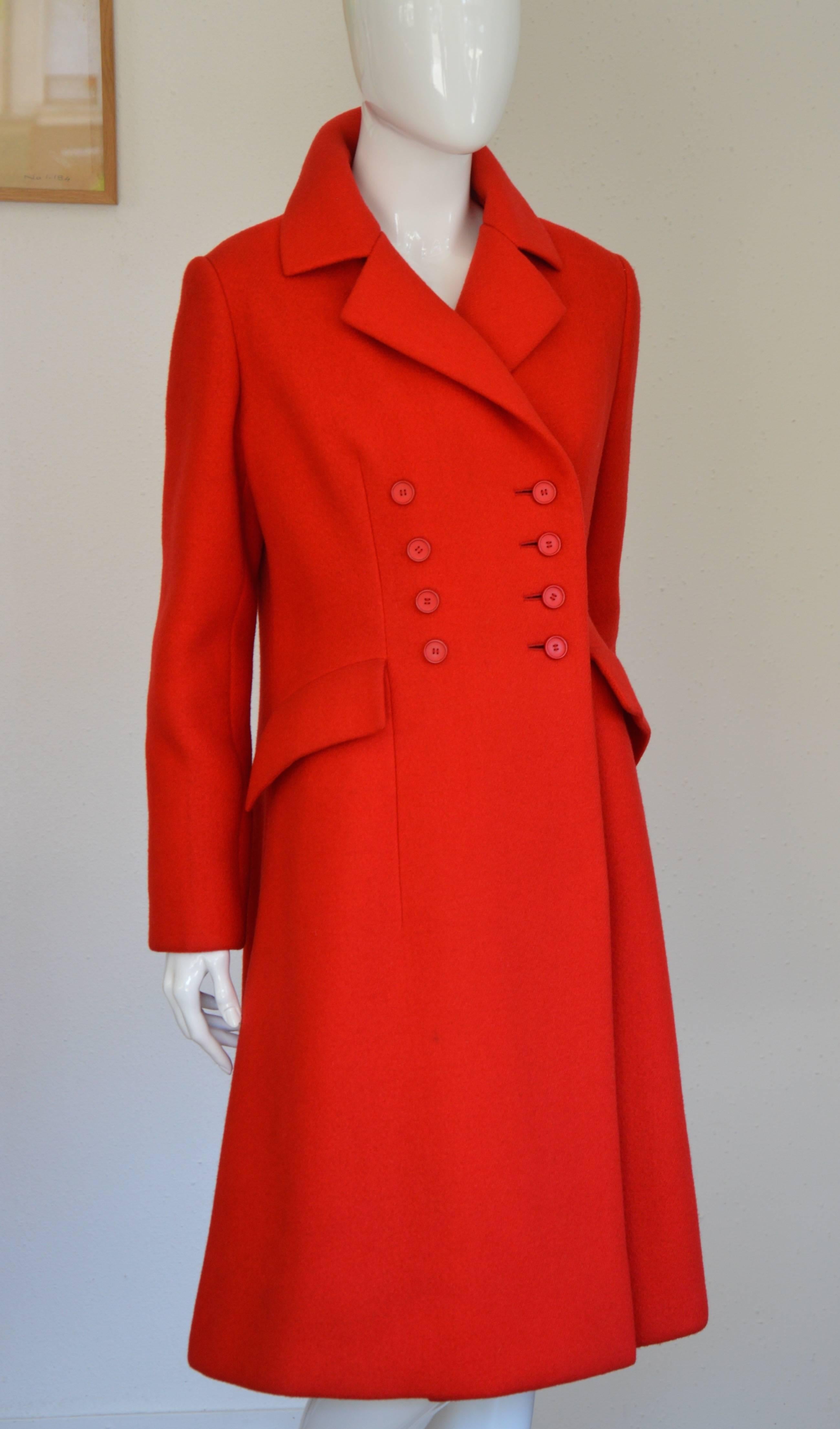 Rare Early 1970s Christian Dior Couture Hot Red Wool Coat 3