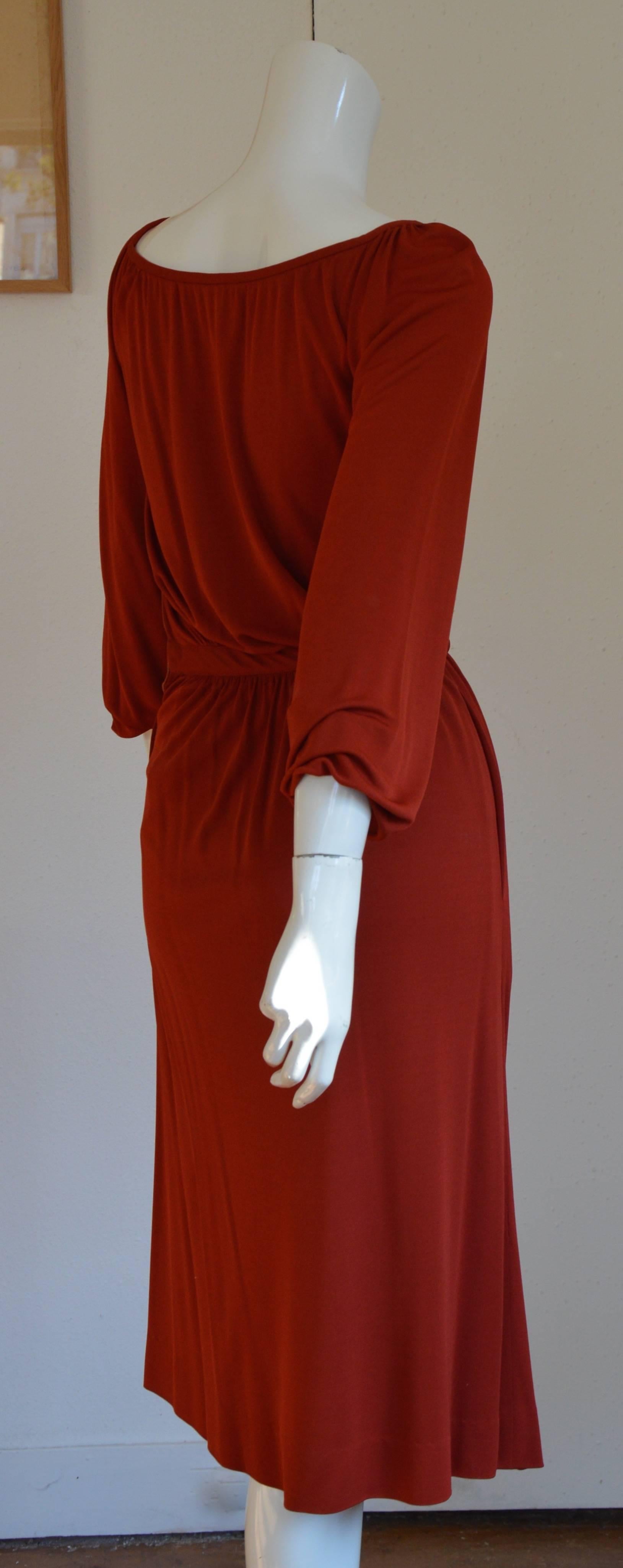 Rare Late 1980s-1990s Yves Saint Laurent Rusty Colour Silk Jersey Dress  In Excellent Condition In Paris, IDF