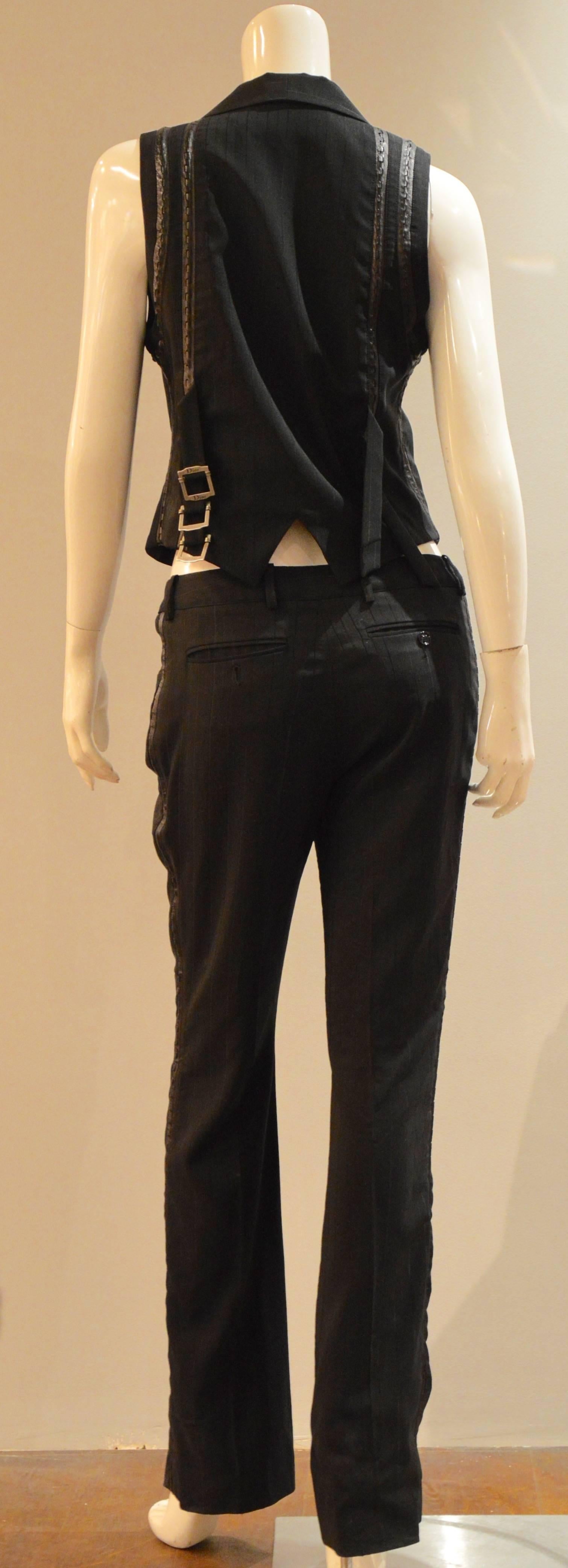 Rare Christian Dior by John Galliano Tennis Strips with Leather Black Suit  In Excellent Condition In Paris, IDF