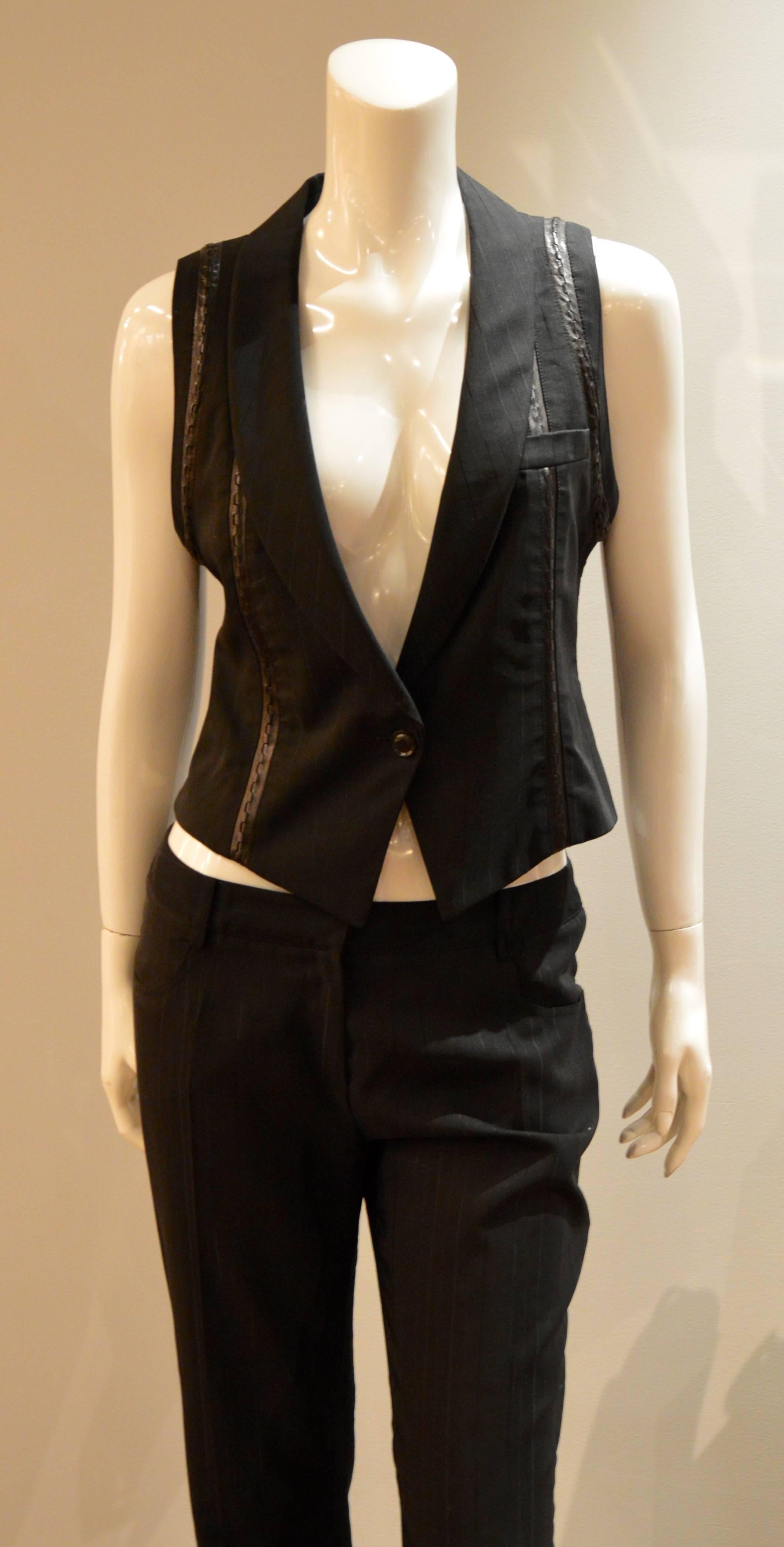 Rare Christian Dior by John Galliano Tennis Strips with Leather Black Suit  1