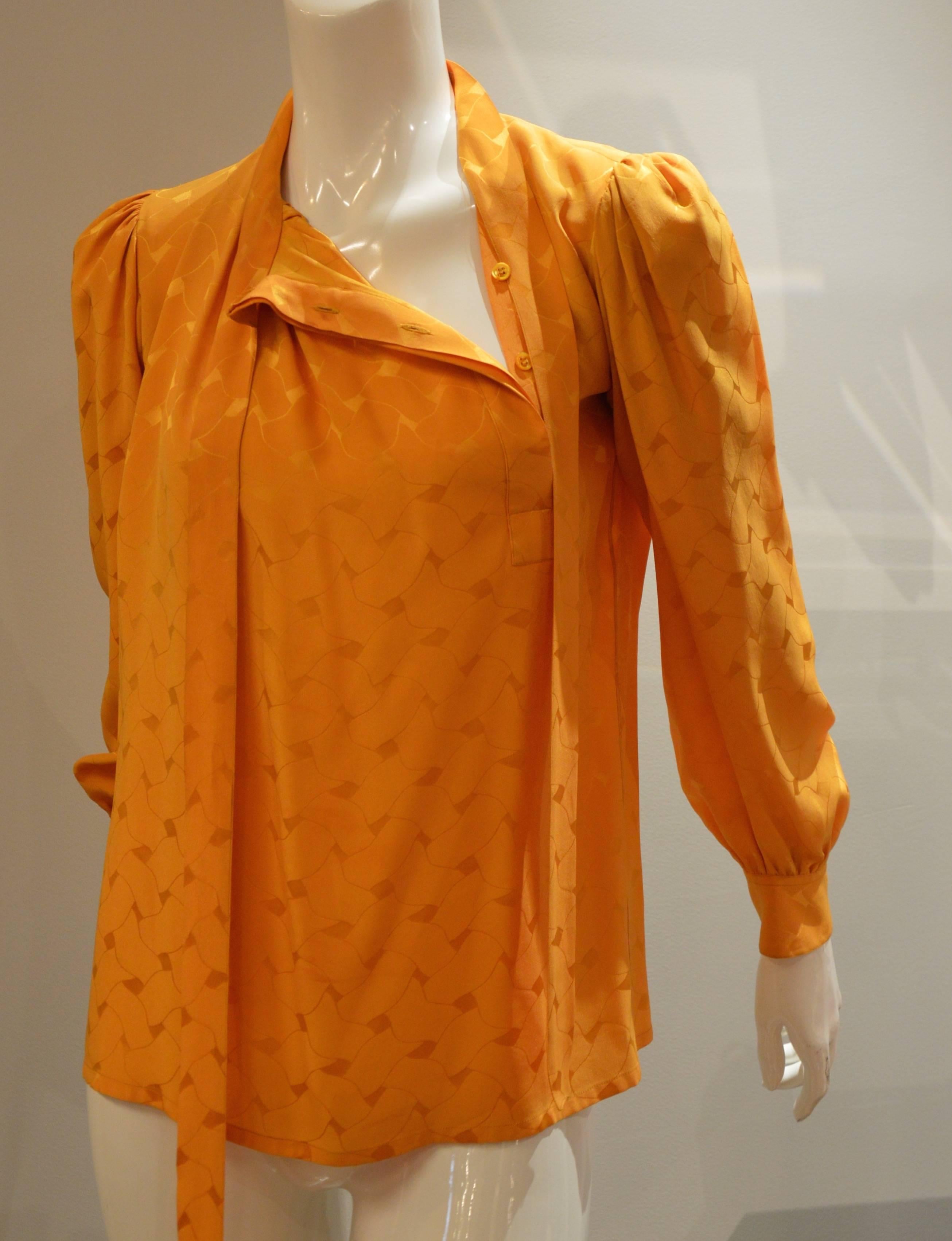Orange 1980s Light Shinny Yves Saint Laurent Rive Gauche Silk Blouse  For Sale
