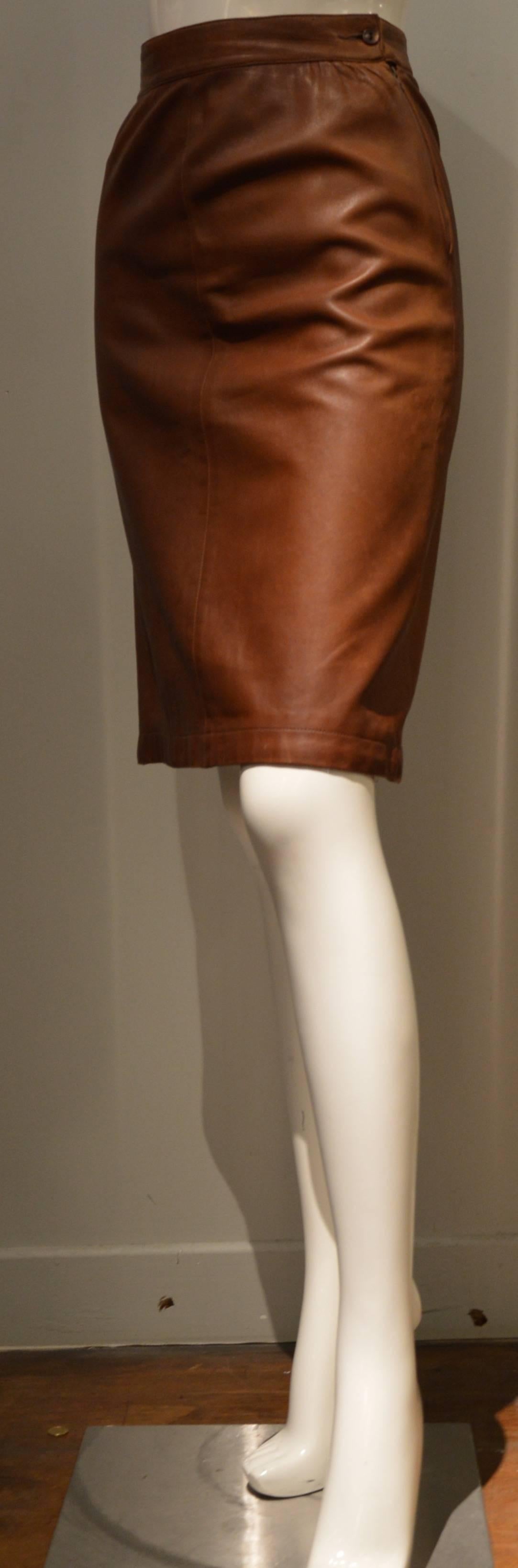 Brown Fine Yves Saint Laurent Rive Gauche Honey Color Leather Skirt For Sale