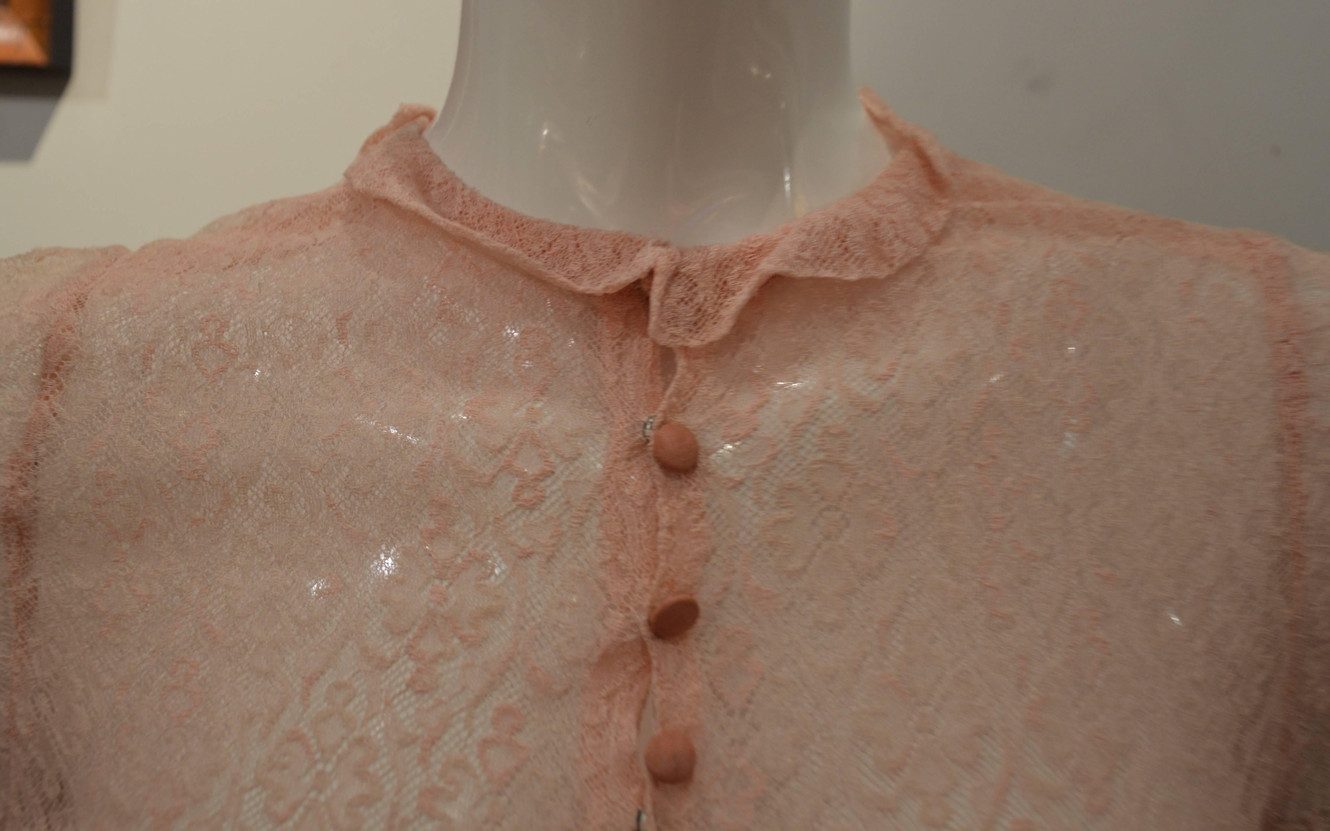 Brown Rare 1920s Delicate Pink Lace Long Blouse Dress For Sale