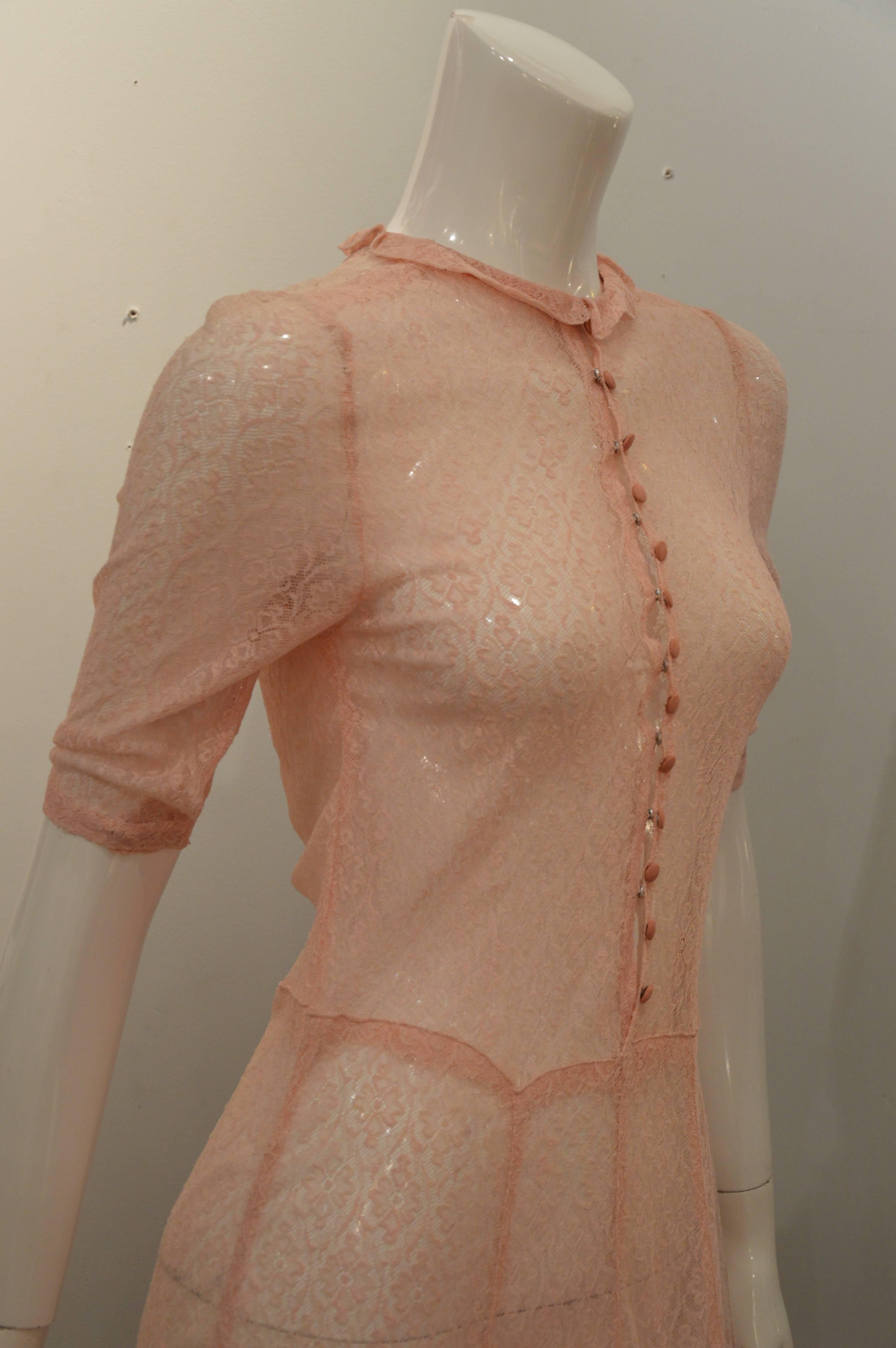 Rare 1920s Delicate Pink Lace Long Blouse Dress For Sale 3