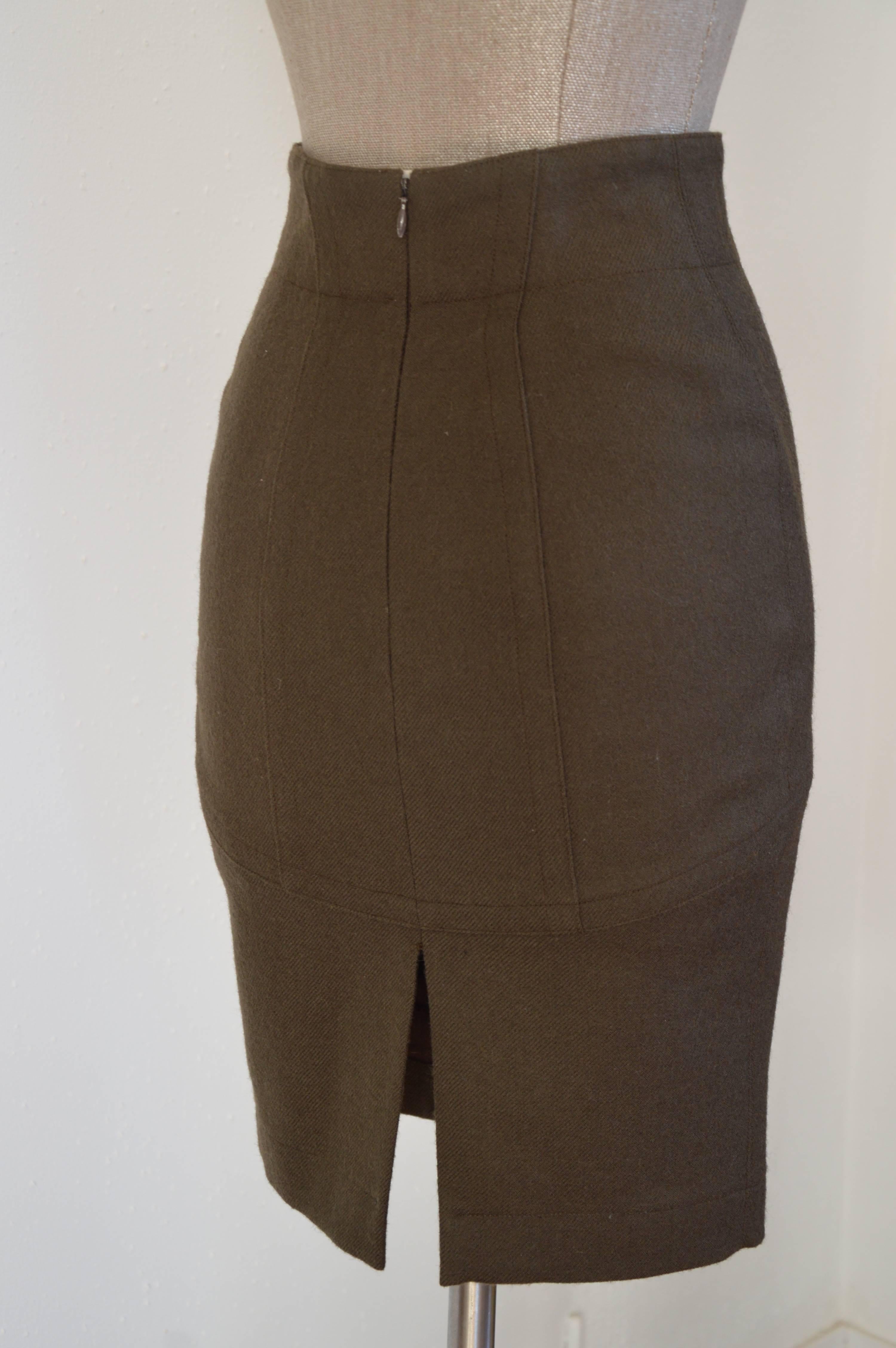 Black 1990s Alaia Wool Mono Bloc Graphic Kaki Brown Pencil Skirt  For Sale