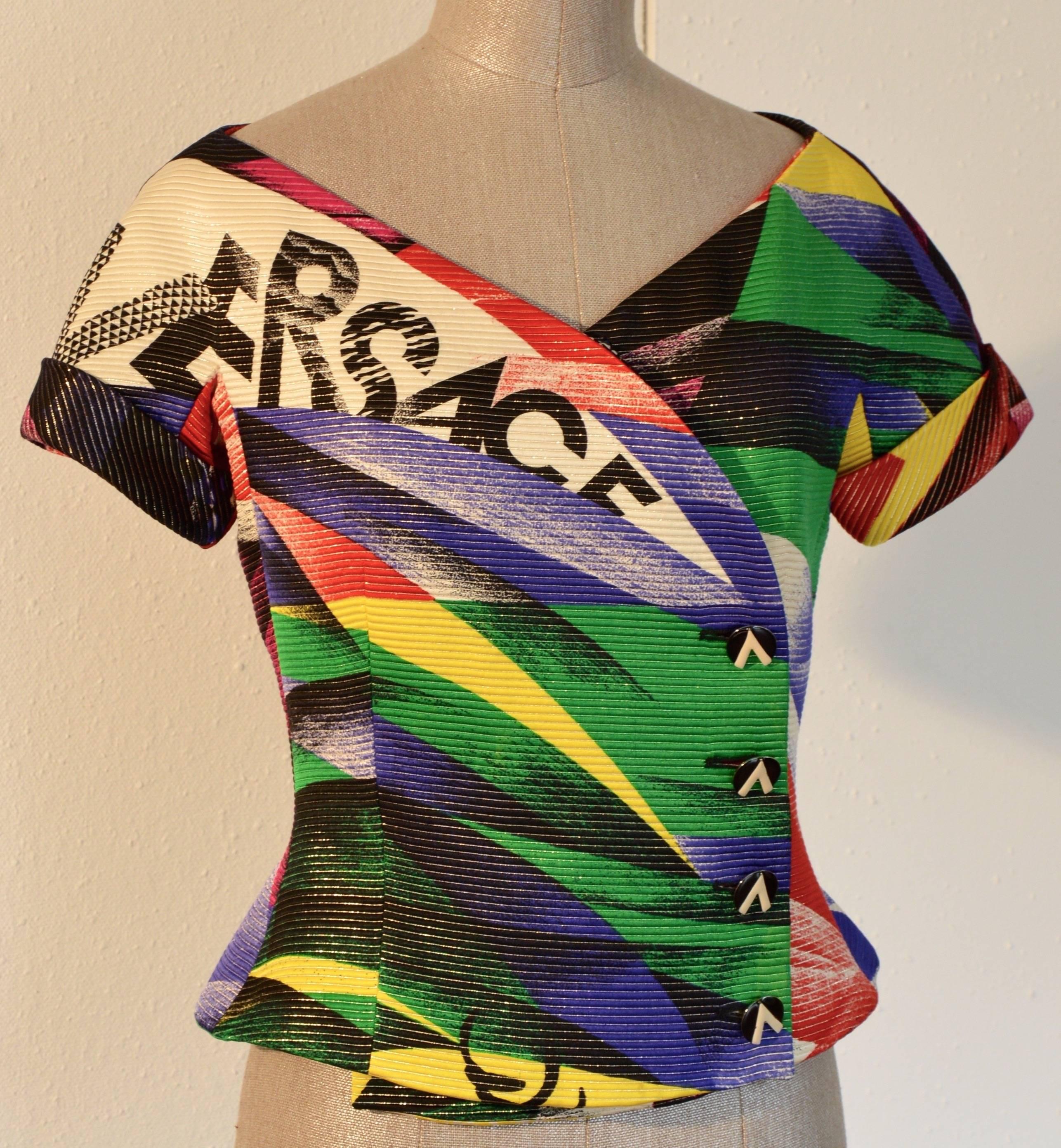 Black 1991 Gianni Versace Graffiti Colorful Skirt Suit Inspired by Chagall's Works