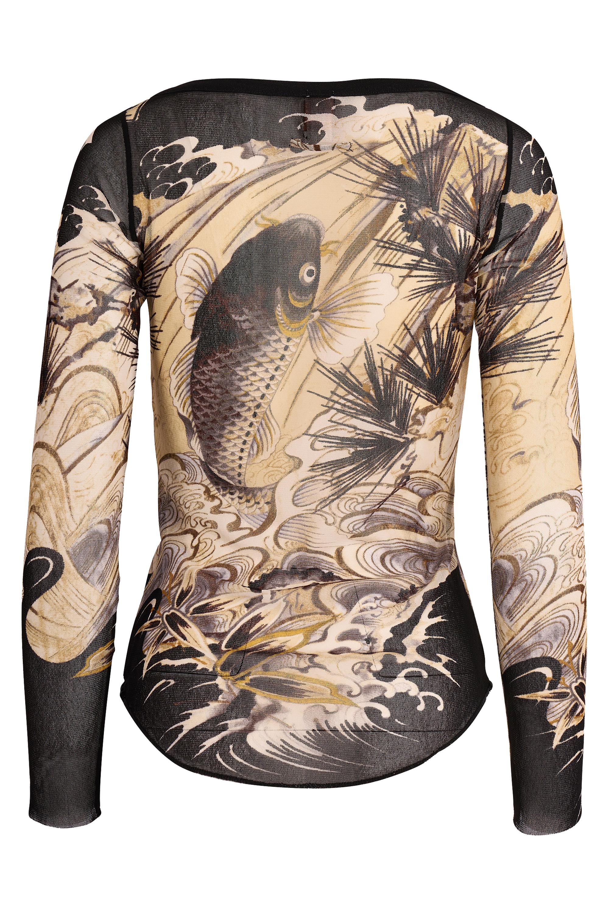 Marrone Vintage Jean Paul Gaultier Jeans 1990's Koi Fish Printed Mesh Top in vendita