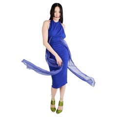 Vintage 1970's Swanky Mode Cobalt Blue Draped Halter Midi Dress