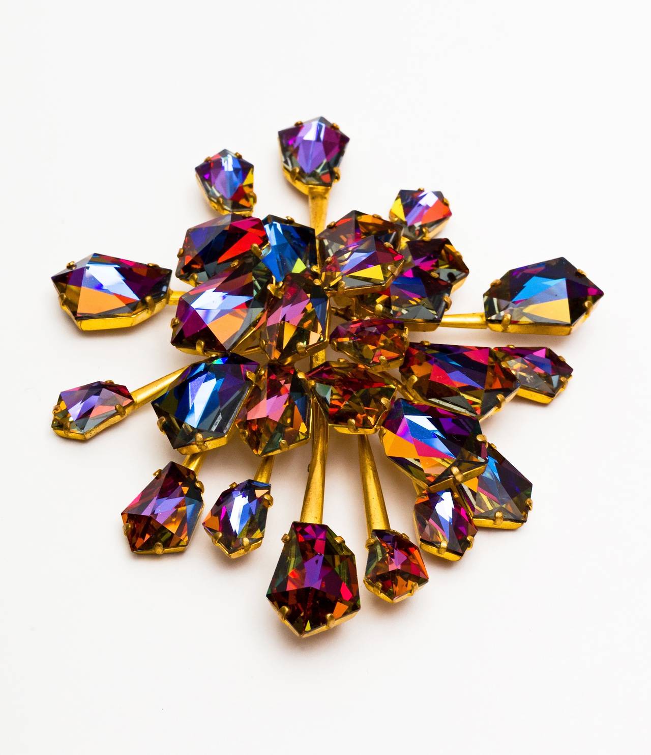 Super Chic and Rare 60's Faceted Aurora Borealis Brooch in Gilt Metal with a French Clasp.  Impeccably designed and Simply Stunning!  Signed, France.