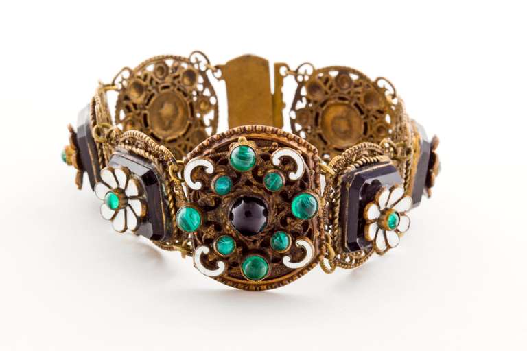 Art Nouveau Fabulous Austro Hungarian Enamel, Onyx and Glass Cabochon Bracelet For Sale