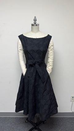 Barbara Tfank Black Textured Fit-and-Flare Dress with Tie Belt and side Pockets
