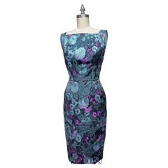 Square Neck Slim-Waist Dress in Pale Blue and Lavender Brocade