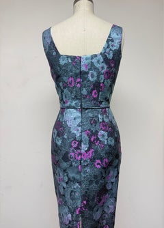 Square Neck Slim-Waist Dress in Pale Blue and Lavender Brocade