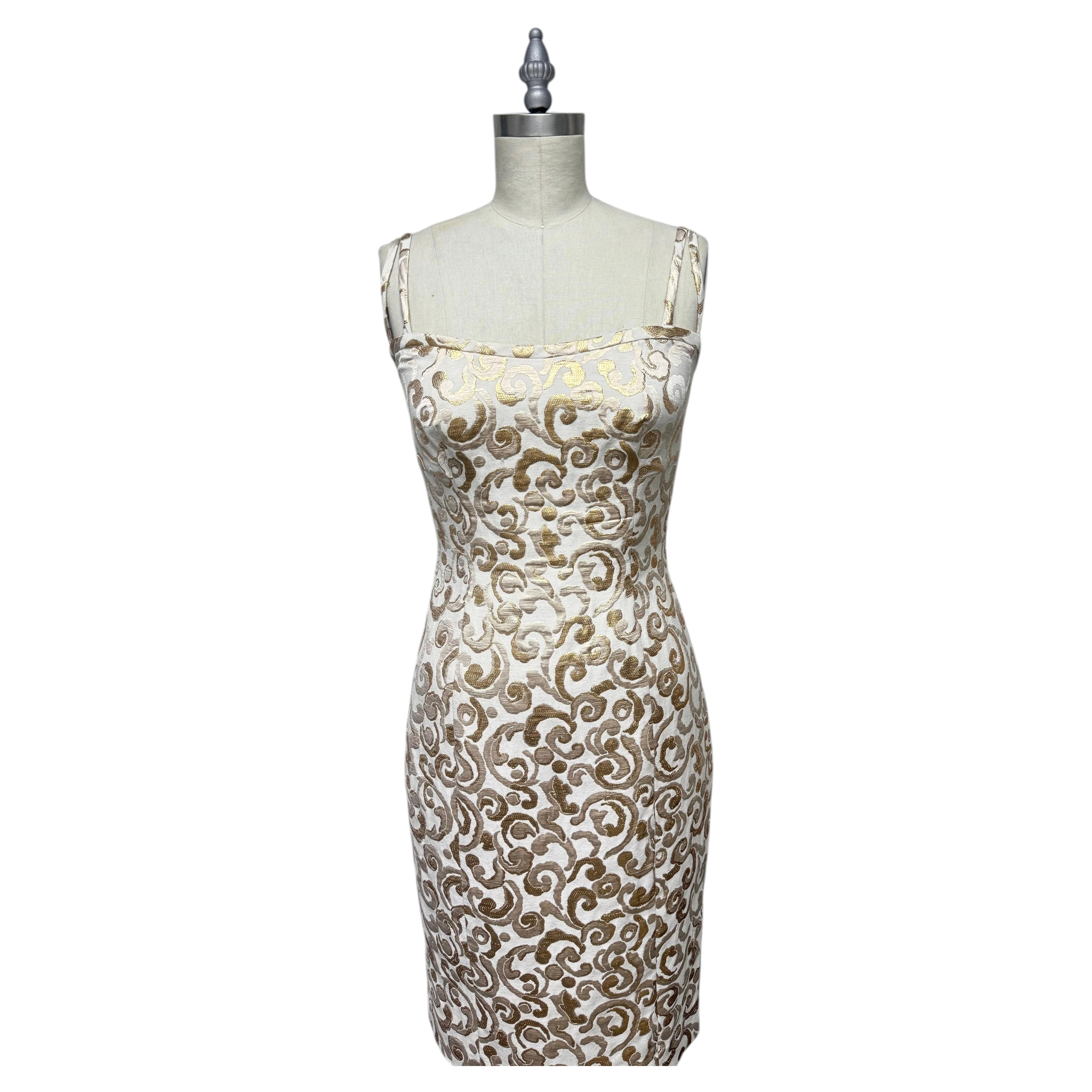 Barbara Tfank Metallic Gold and Ivory Cotton French Brocade Slim Dress