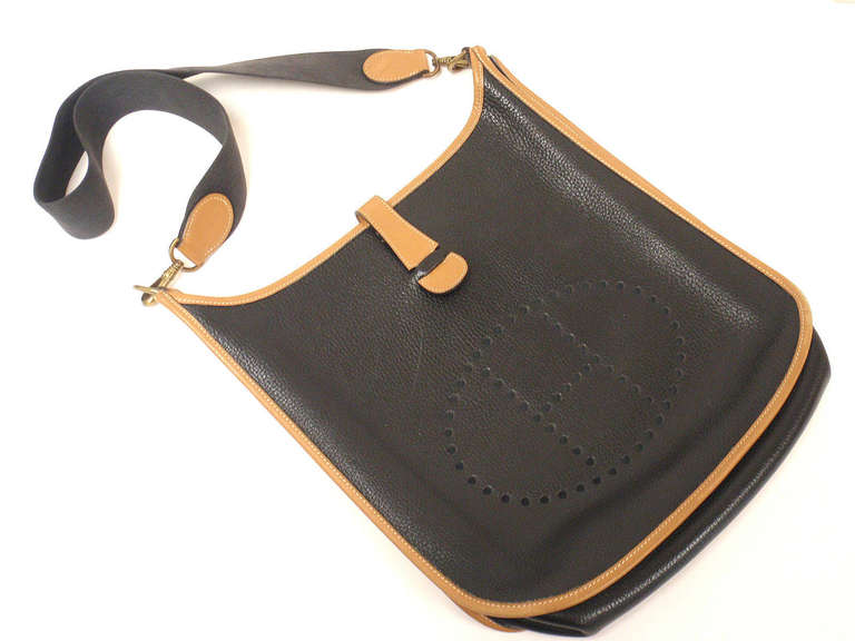 Women's or Men's Hermes Evelyne GM two-tone black Clemence Barenia leather GHW shoulder bag, 1989
