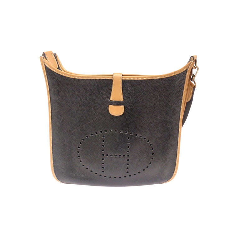 Hermes Evelyne GM two-tone black Clemence Barenia leather GHW shoulder bag,  1989 at 1stDibs