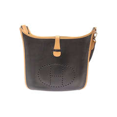 Vintage Hermes Evelyne GM two-tone black Clemence Barenia leather GHW shoulder bag, 1989