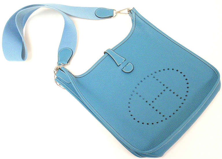 Women's or Men's Hermes Evelyne PM blue jean Clemence leather SHW shoulder bag, 2005