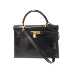Vintage HERMES KELLY 32cm Black Box Calf Gold Hardware Strap Handbag