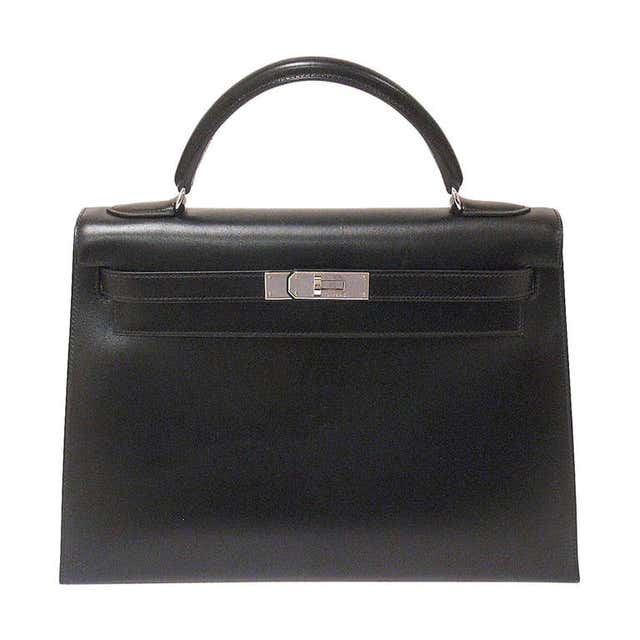 HERMES KELLY 32cm Black Box Calf Silver Hardware Strap Handbag at ...