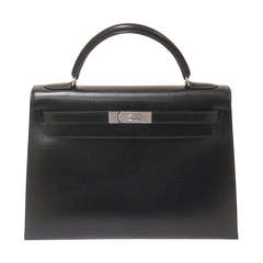 Vintage HERMES KELLY 32cm Black Box Calf Silver Hardware Strap Handbag