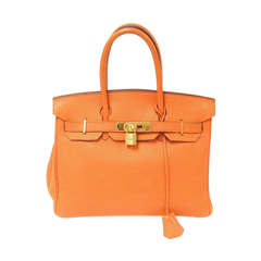 Vintage Hermes 30cm Orange Clemence Leather Birkin Handbag, Year 1999