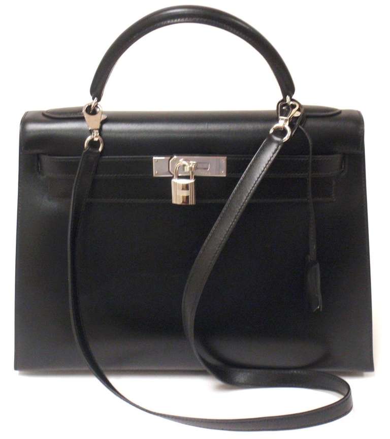 HERMES KELLY 32cm Black Box Calf Silver Hardware Strap Handbag 2